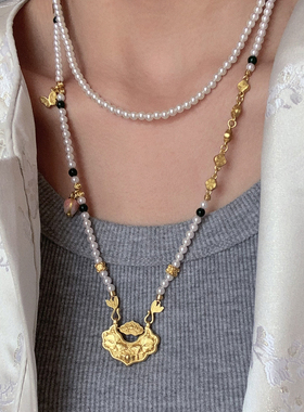 古法沙金平安锁珍珠项链女