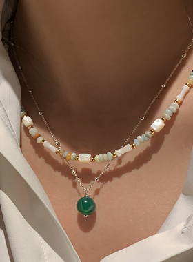 巨好看绿色竹节新中串珠项链女