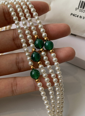 绿色玉髓长款珍珠项链女