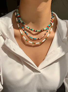 落日飞盘彩色天然石欧美项链女