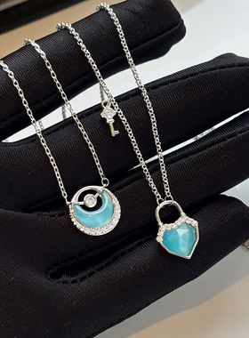 蓝色猫眼石爱心月亮吊坠项链女