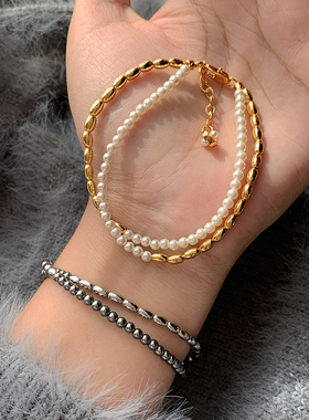 双层叠戴黑色珍珠手链女