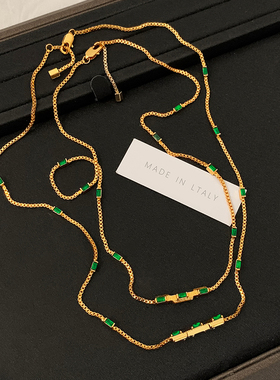 祖母绿色方钻项链女小众