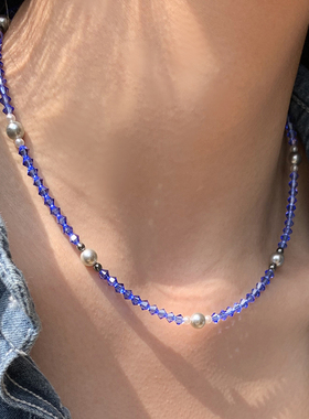 超细闪亮华子蓝色水晶珍珠项链