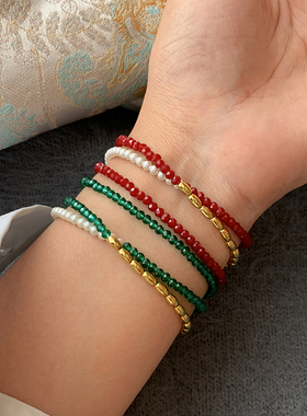 南红色细琉璃双层叠戴珍珠手链女