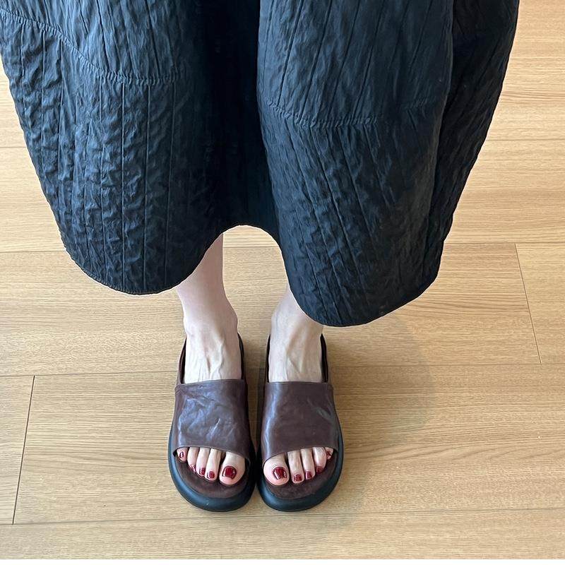 舒适轻奢夏季新款法式复古露趾一字拖鞋女平底外穿软底厚底穆勒鞋,淘宝优惠券,粉丝福利购,淘宝优惠卷
