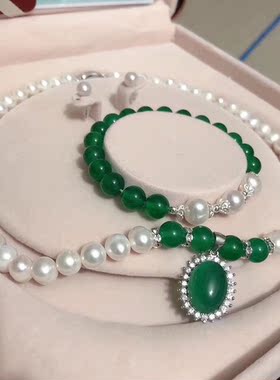 珍珠项链女淡水纯银绿玉髓水滴吊坠款送妈妈婆婆38节日礼物