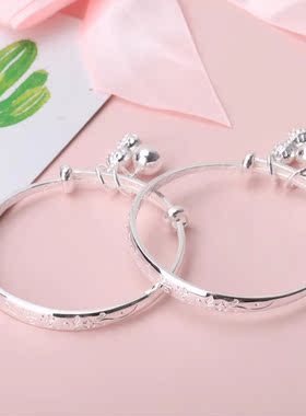 铃铛婴儿出生满月实心纯银手镯