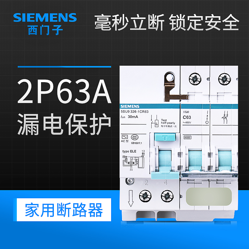 西门子漏电保护器开关 2P63A家用断路器空气开关带漏电保护器 - 图0