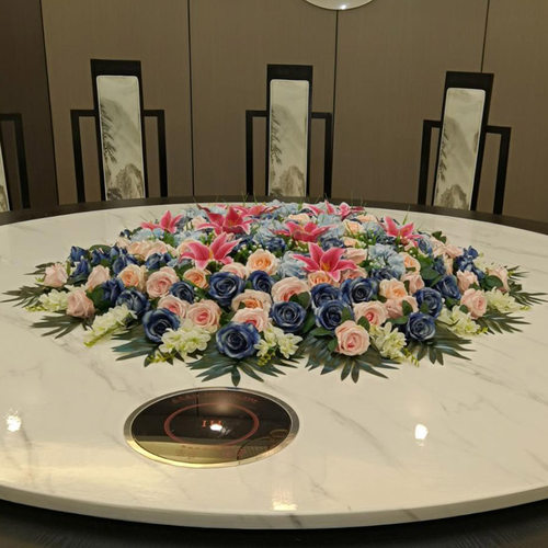 蓝色高档酒店圆桌转盘中间摆花仿真花餐桌花摆设装饰塑料摆件假花 - 图0