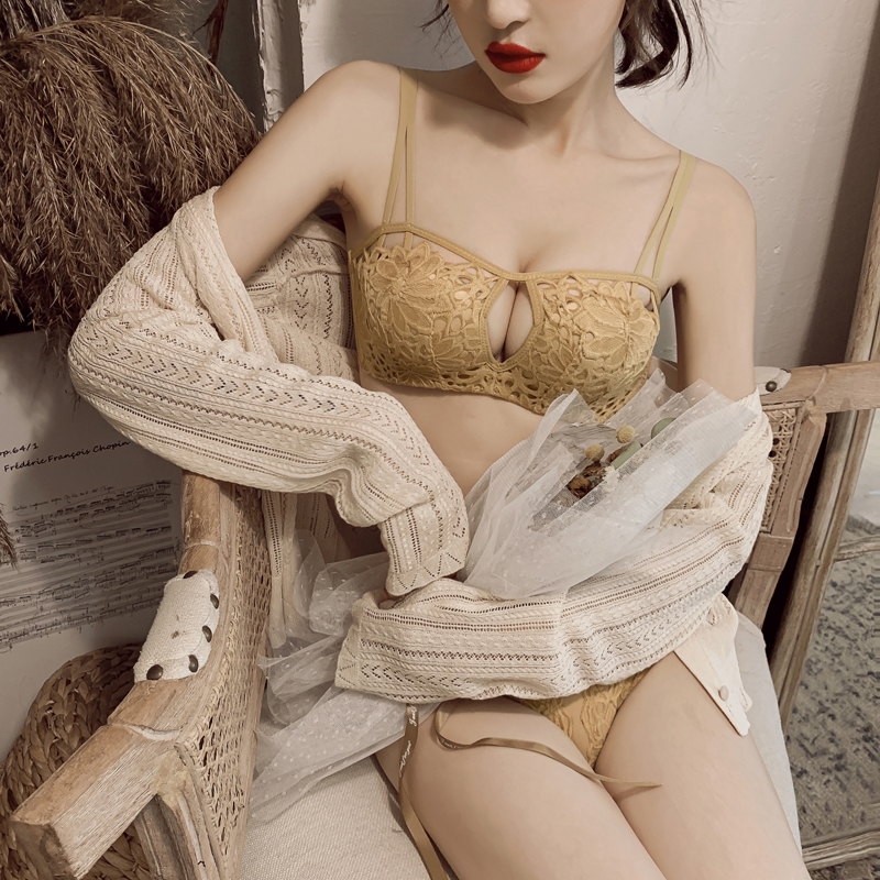 荷韵阁旗舰店性感心机杯】小胸聚拢薄款内衣女柔软无钢圈绑带法式镂空文胸套装0