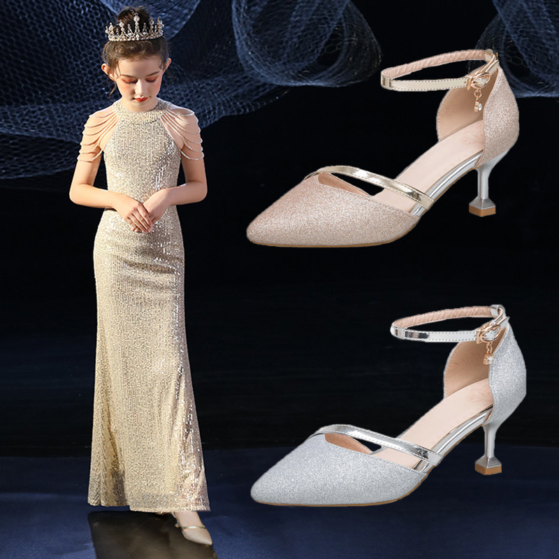 女童高跟鞋春夏小女孩细跟礼服主持表演出公主鞋尖头水晶鞋儿童鞋