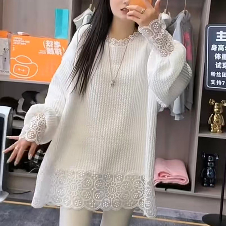 2025秋冬新款中长款长袖T恤女蕾丝拼接灯笼袖设计感显瘦内搭上衣,淘宝优惠券,粉丝福利购,淘宝优惠卷