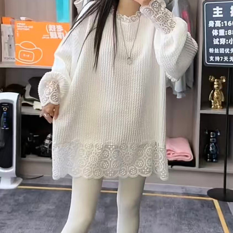 2025秋冬新款中长款长袖T恤女蕾丝拼接灯笼袖设计感显瘦内搭上衣,淘宝优惠券,粉丝福利购,淘宝优惠卷