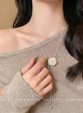 韩系闪钻网纱山茶花朵项链女2026新款高级感轻奢小众锁骨颈链配饰
