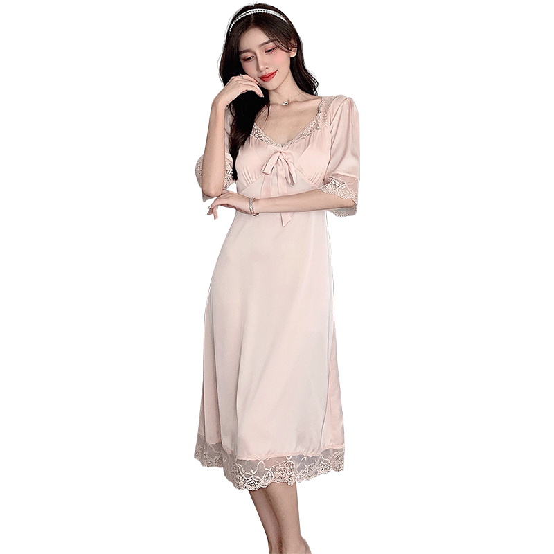 蕾丝春秋季冰丝长款连体带胸垫睡裙 沃莱卡睡裙
