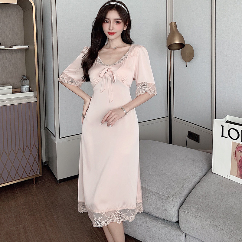 蕾丝春秋季冰丝长款连体带胸垫睡裙 沃莱卡睡裙
