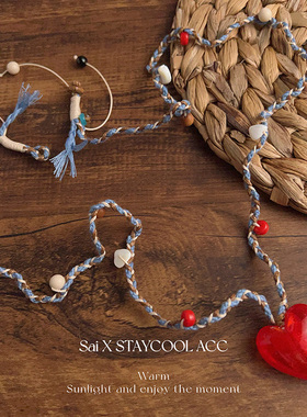 复古老琉璃彩绳编织红色爱心吊坠项链女士长款毛衣链多巴胺色