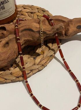 红玛瑙长条桶珠串珠项链女士锁骨链度假轻奢波西米亚风红色