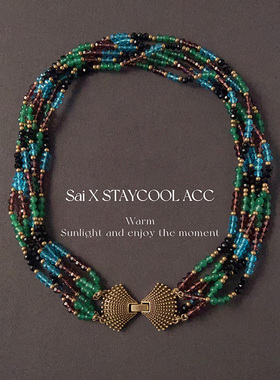 中古复古风多层彩色琉璃女士项链锁骨链短链做旧金色贝壳扣48厘米