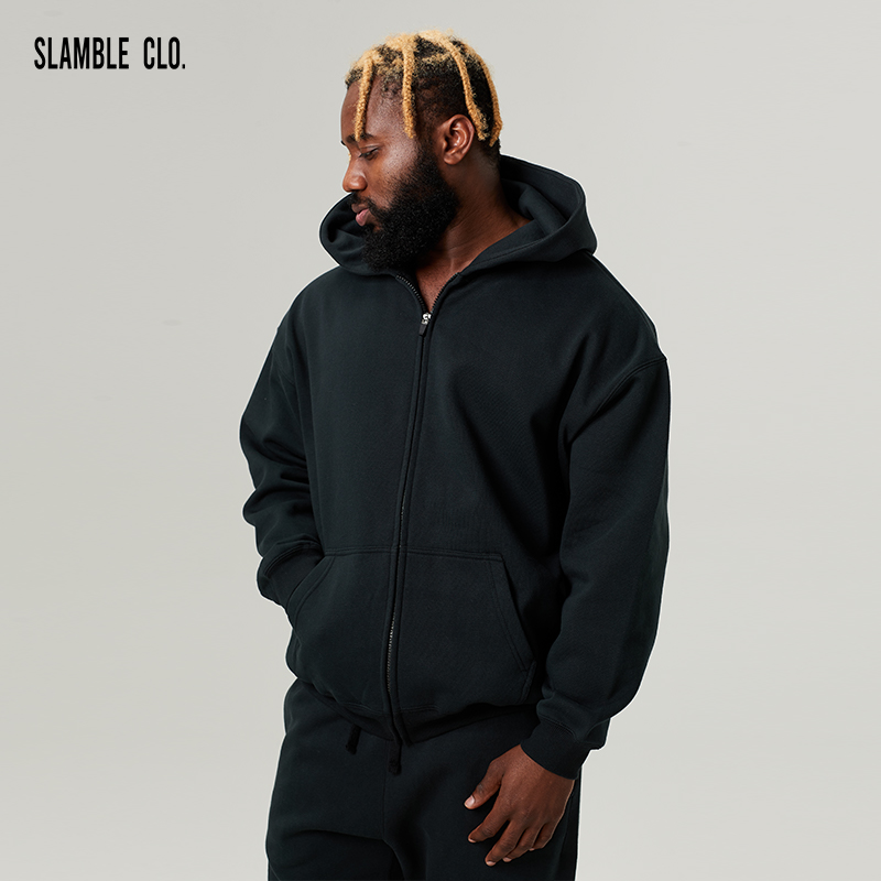 SLAMBLE CLO.新款针织拉链运动连帽卫衣休闲潮流男女纯色上衣外套 - 图2