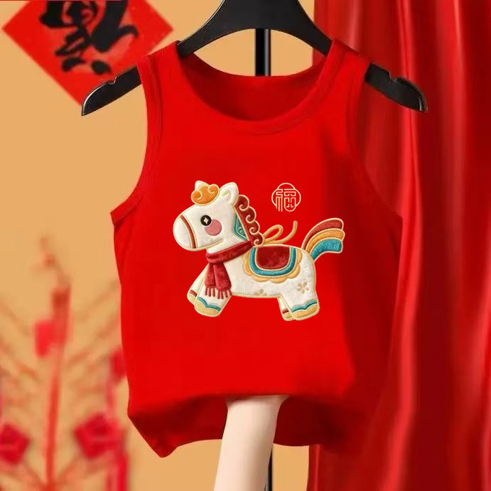 2026年小马卡通图案圆领男女童宝宝马年红色无袖款国潮背心童装,淘宝优惠券,粉丝福利购,淘宝优惠卷