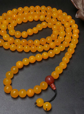 藏传天然油润黄玛瑙圆珠项链文玩云纹老玛瑙108颗百搭佛珠锁骨链