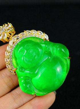 正品缅甸冰种帝王绿龙石种佛公吊坠手工银镶嵌冰透老料满绿弥勒佛