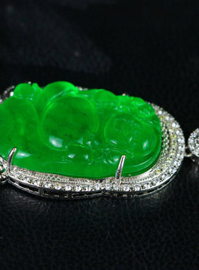 缅甸高冰满绿帝王绿笑佛吊坠精工镶嵌弥勒佛布袋佛百搭吊坠玉挂件