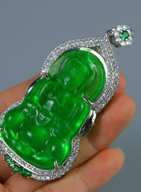 精品冰种老翡翠观音菩萨佛牌吊坠满绿镶嵌包银老翠玉观音百搭挂坠