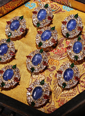 古玩收藏老漆器盒装宫藏蓝宝石戒指女精工镶嵌星光宝石蓝戒指套装