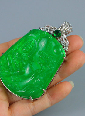 精品冰种老翡翠观音菩萨佛牌吊坠满绿镶嵌包银老翠玉观音百搭挂坠