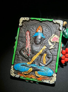 精品天然老陨石文殊菩萨佛牌吊坠黑铁陨石描彩八大守护项链坠颈饰