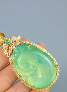 精品冰种老翡翠吉祥如意挂牌吊坠满绿镶嵌包银老翠玉如意百搭挂坠