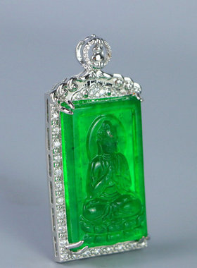 精品冰种老翡翠观音菩萨佛牌吊坠满阳绿镶嵌包银翠玉观音百搭挂坠
