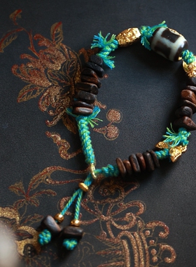 泼墨。18K金天珠   手工编沉香木精致复古手串   配足金多宝手链