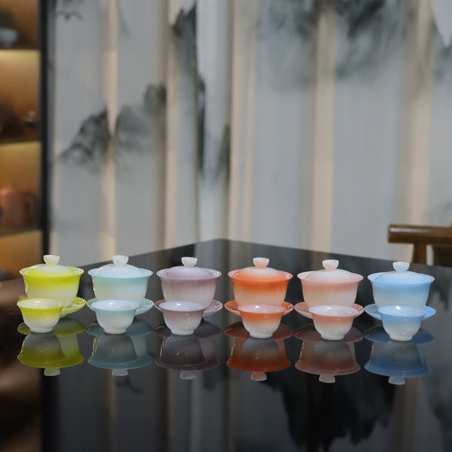 仙气新中式璞玉陶瓷冰种功夫茶具渐变色茶杯三才盖碗茶备套装热卖 - 图2