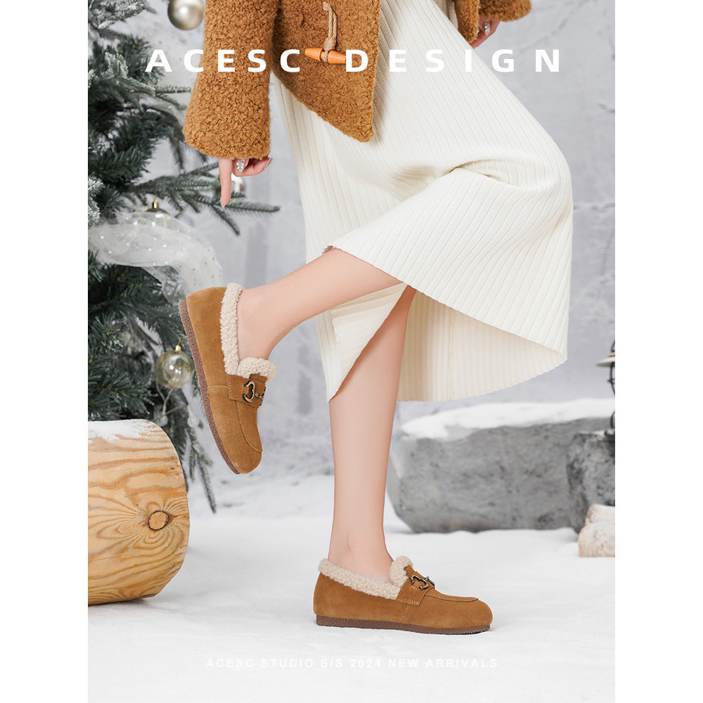 艾斯臣真皮乐福鞋女2024秋冬新款豆豆鞋一脚蹬百搭加绒加厚棉鞋,淘宝优惠券,粉丝福利购,淘宝优惠卷