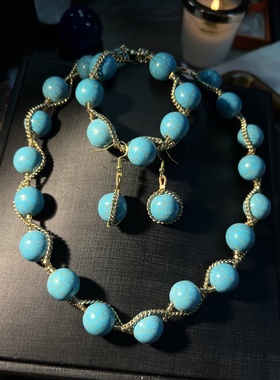 中古Vintage 经典大气个性款式绿松石材质项链手链耳环套装