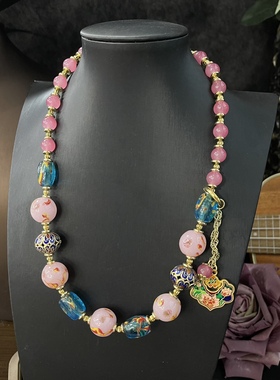 粉菠萝新款中古百搭项链珐琅琉璃