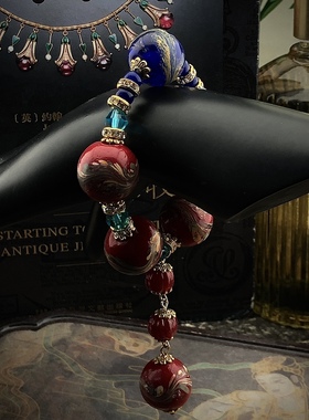 中古vintage 复古时尚精致大气古典老琉璃凤尾大尺寸套装项链手链