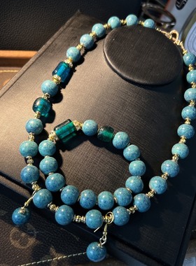 中古vintage 经典大气复古风老琉璃蓝色海洋色系项链手链耳钉套装