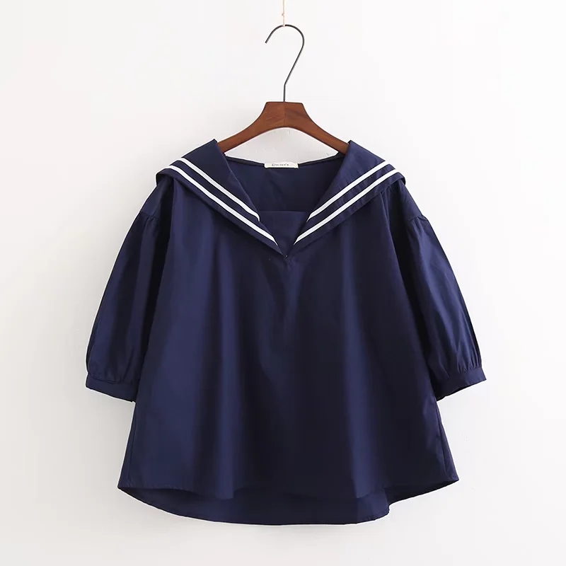 日系森女小清新甜美海军领短袖衬衫女夏季学生少女减龄宽松娃娃衫