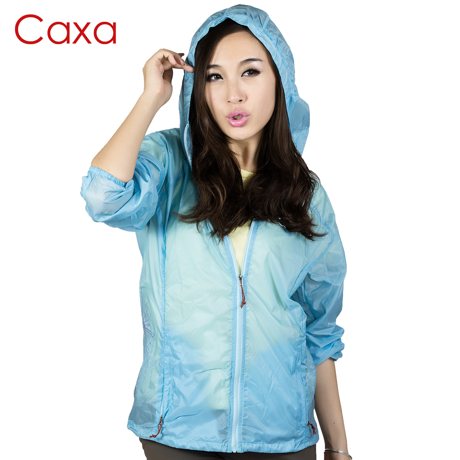 CAXA 女款户外防晒透气皮肤风衣骑行衣跑步服防水挡风独特防风帽