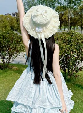 Lolita风蕾丝蝴蝶结草帽夏季防晒