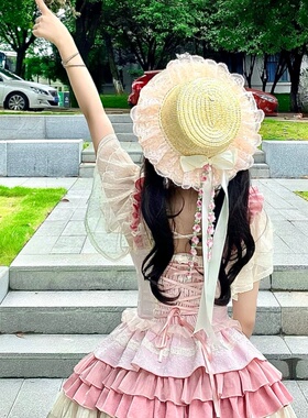 夏季甜美蕾丝蝴蝶结遮阳草帽女