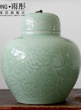 玄关收纳摆件麦穗干花花瓶景德镇陶瓷手工浮雕单色釉圆罐装饰客厅