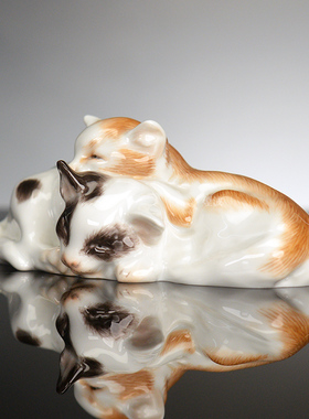 动物瓷塑彩绘花猫装饰摆件