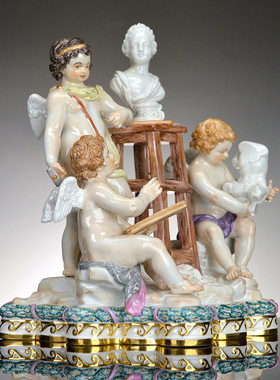 艺术天使群像彩绘描金瓷塑摆件