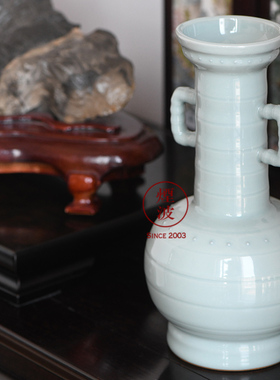 日本京都 帝室技艺员 三代 諏訪蘇山 青瓷 竹节带耳花瓶 花入